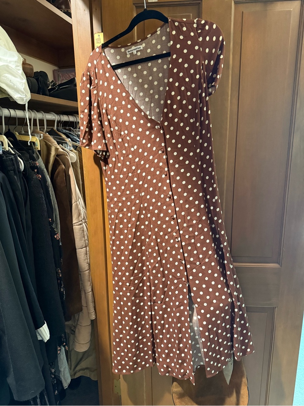 Reformation Carina Wrap Dress Polka Dot Brown size XL light weight